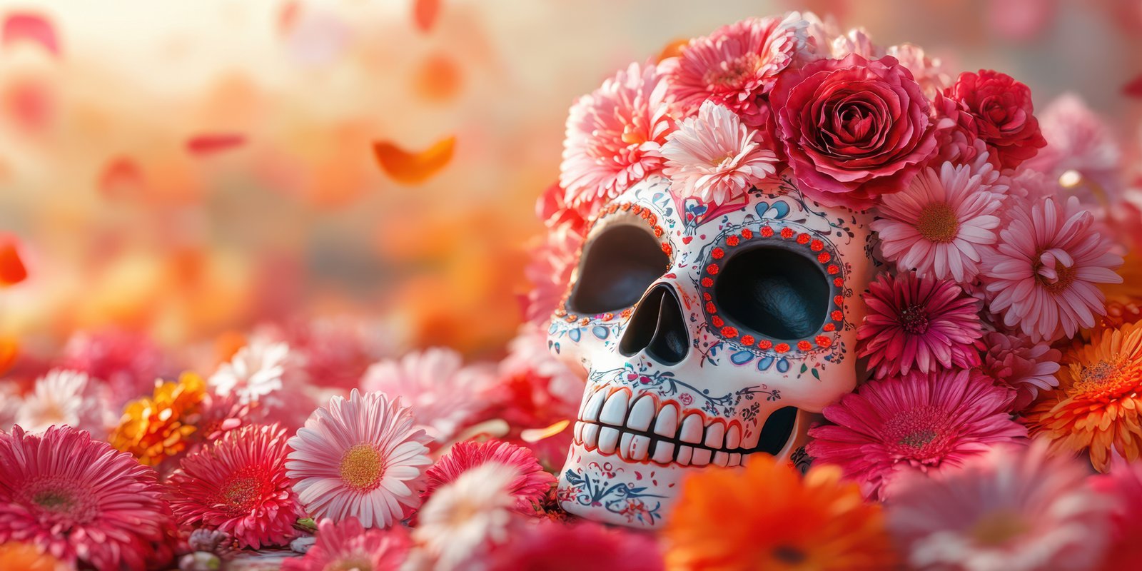 Colorful skull adorned with flowers celebrates tradition during festive season in vibrant atmosphere